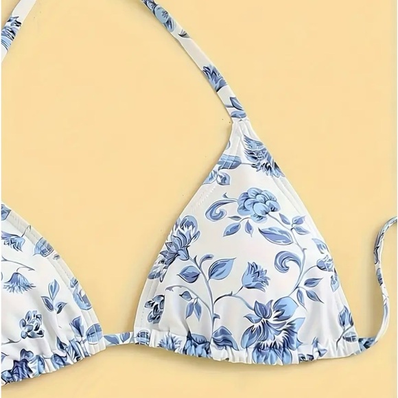3pc Blue Floral Triangle Halter Bikini Set with Sarong Cover Up - Picture 3 of 6